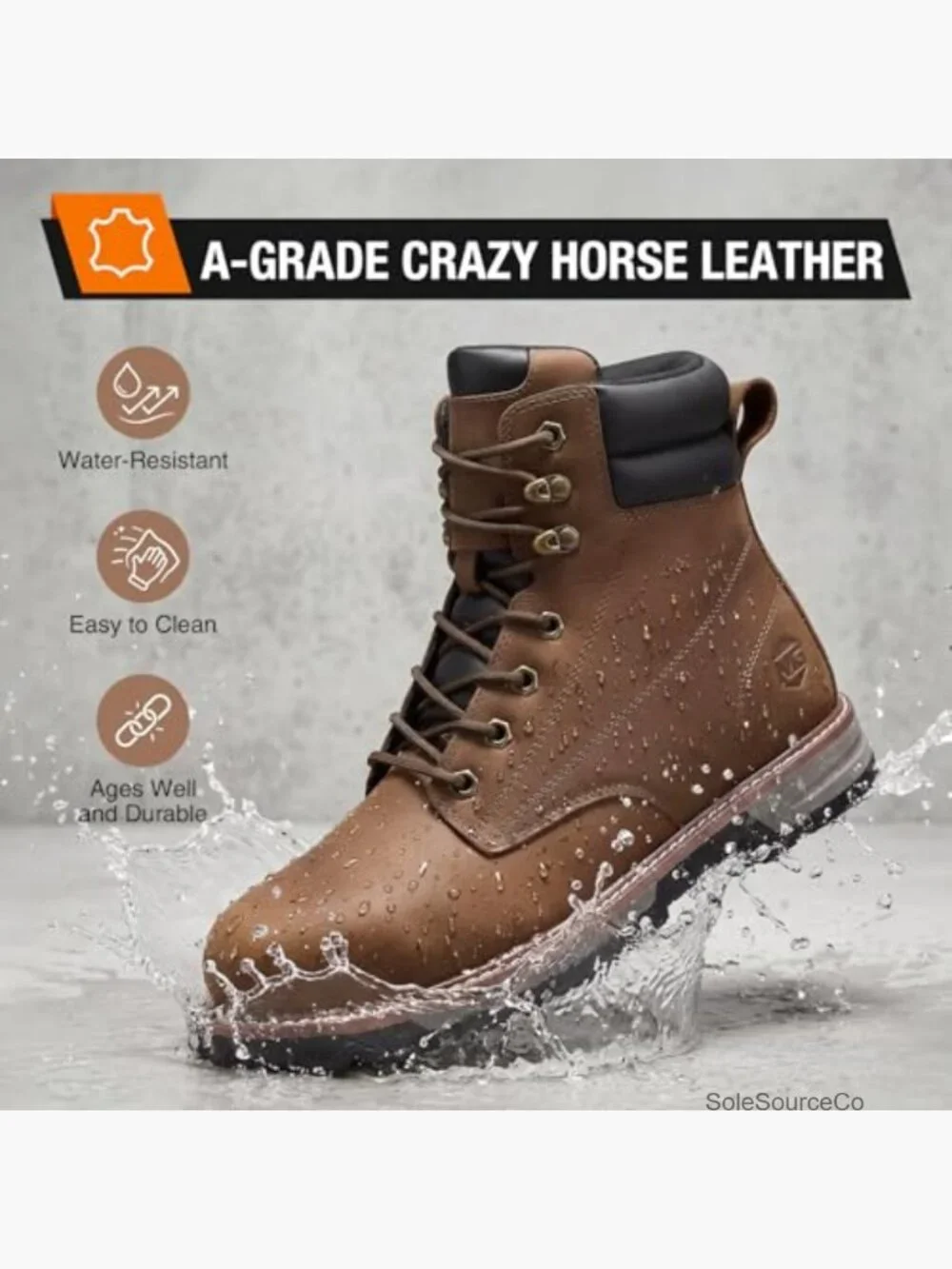 Steel Toe Work Boots, Water Resistant Leather Safety Construction Boots, Non